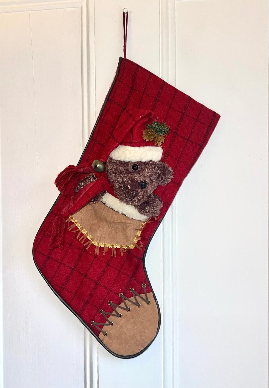Folk Art Country Christmas Stocking 3D Plush Bear Red & Black Plaid Western